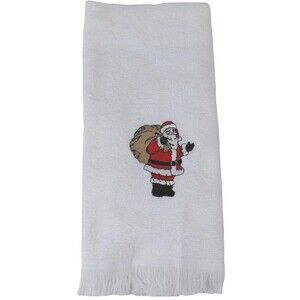 Cannon White Santa Claus Embroidered Hand Towel Fringe Made In USA Vtg